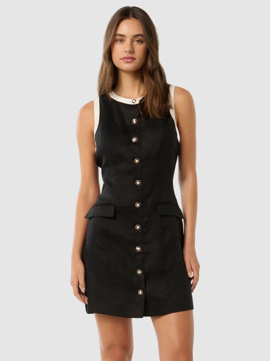 

Forever New Women Colourblocked Linen A-Line Mini Dress, Black