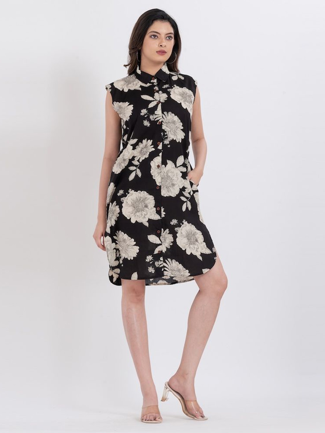 

Kartikeya Jaipur Women Floral Monochrome Print Above Knee Above Knee Shirt Dress, White
