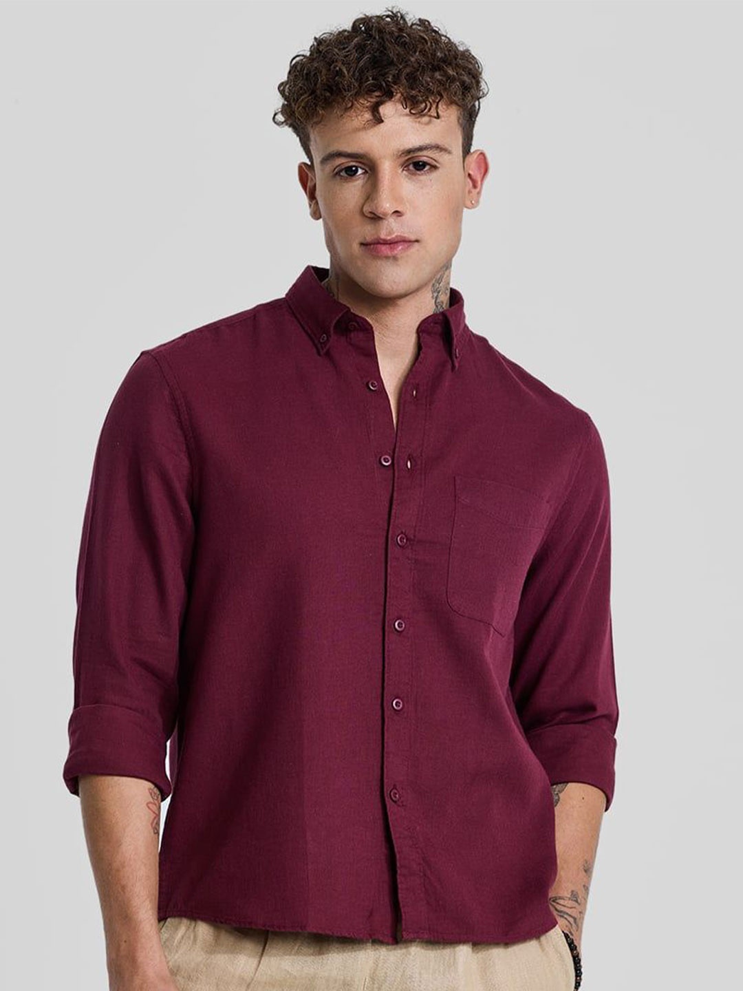 

Snitch Men Smart Fit Button-Down Collar Solid Cotton Casual Shirt, Maroon