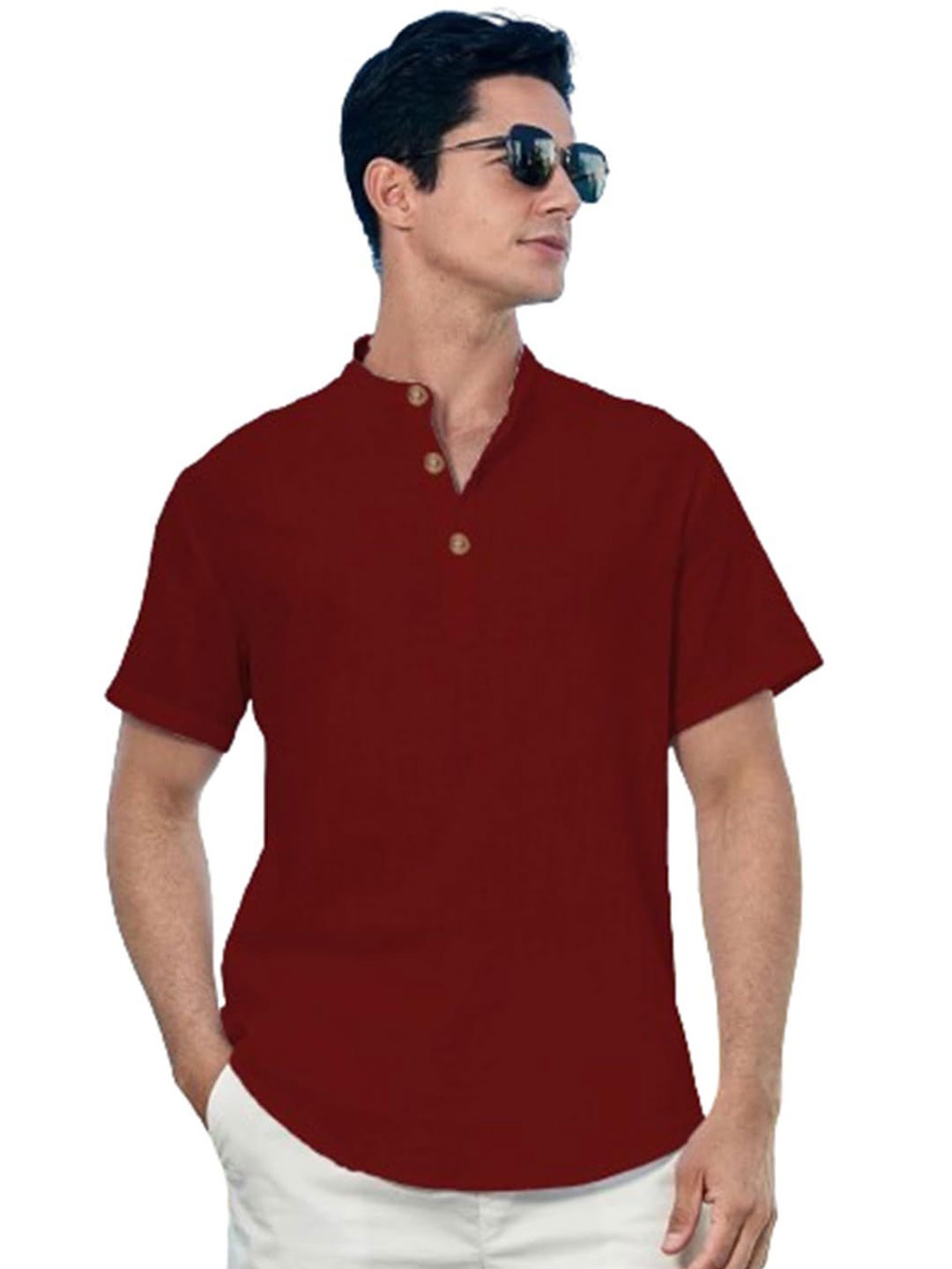 

EdinWolf Men India Slim Fit Band Collar Solid Cotton Casual Shirt, Maroon