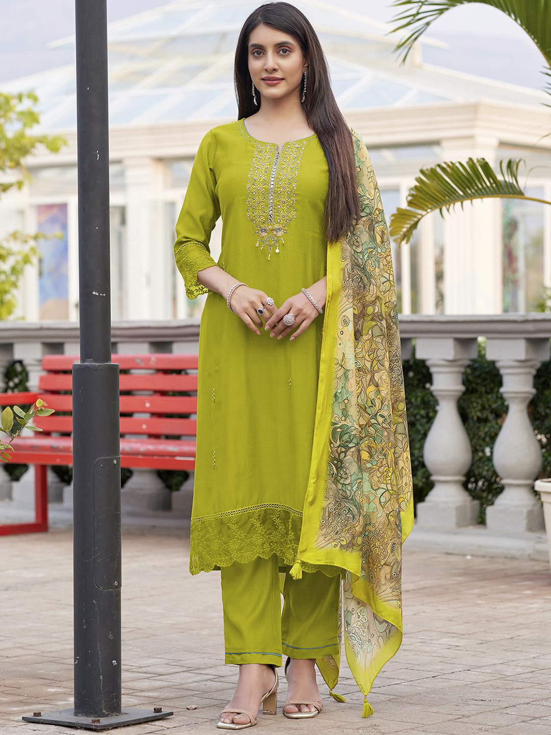 

MITTOO Floral Embroidered Notch Neck Thread Work Kurta With Trousers & Dupatta, Lime green