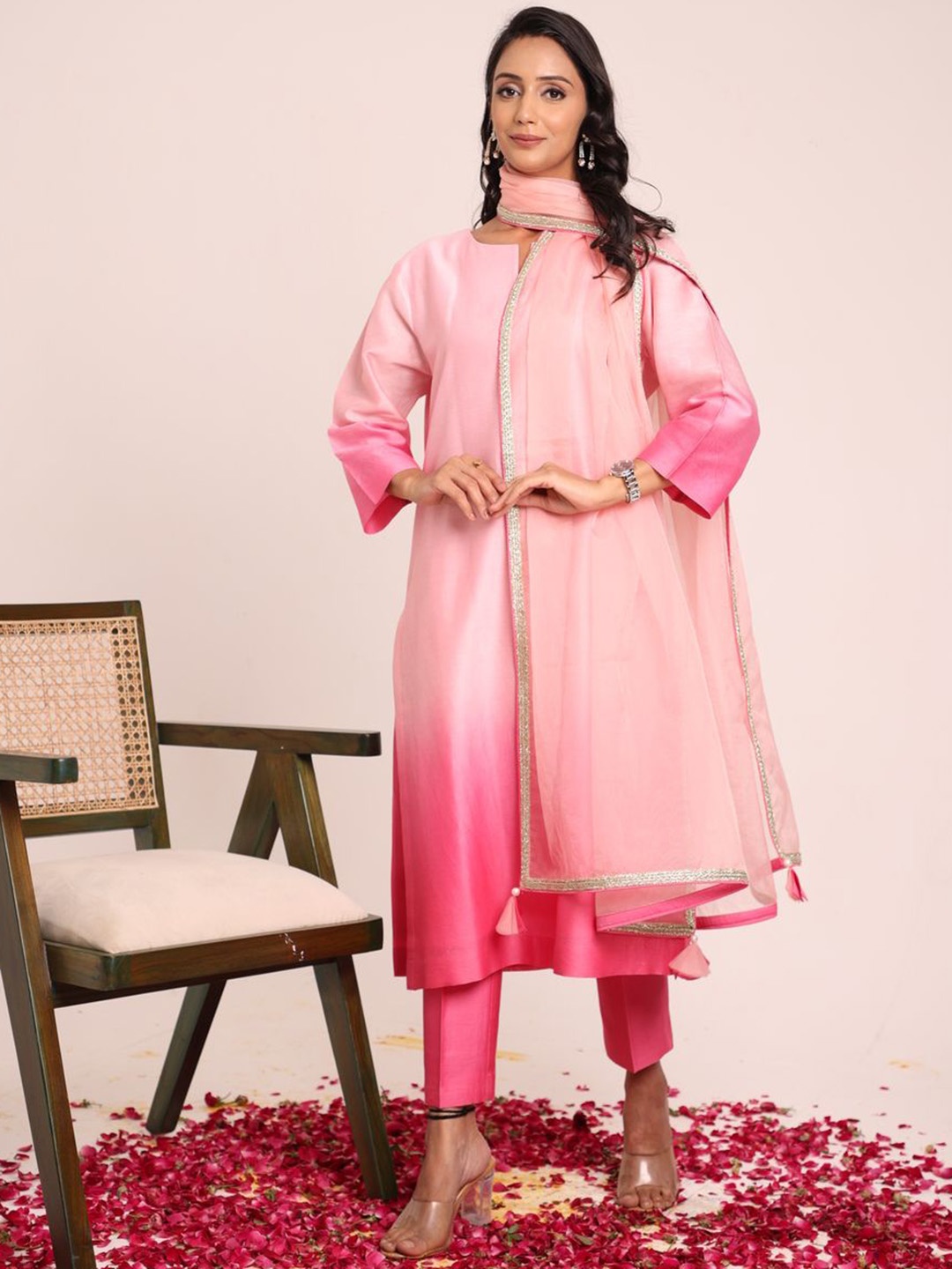 

House of Nitya Ombre Pure Silk Straight Kurta With Trouser And Dupatta, Pink
