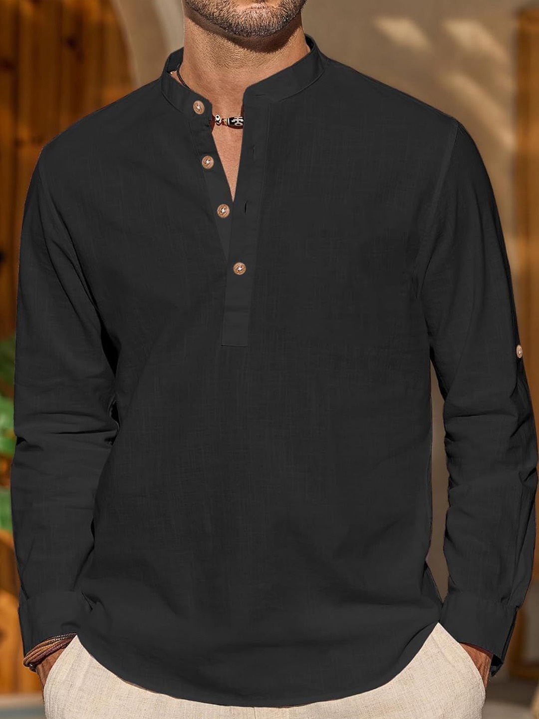 

EdinWolf Men India Slim Fit Mandarin Collar Solid Cotton Casual Shirt, Black