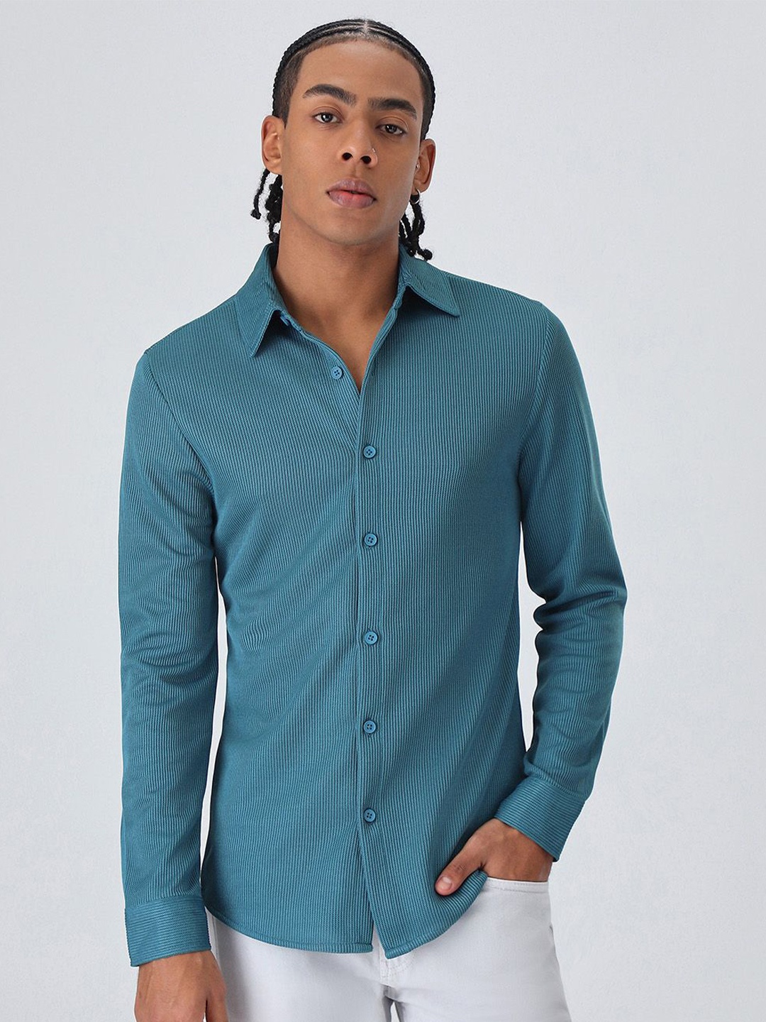 

Banana Club Men Textured Classic Slim Fit Casual Shirt, Teal