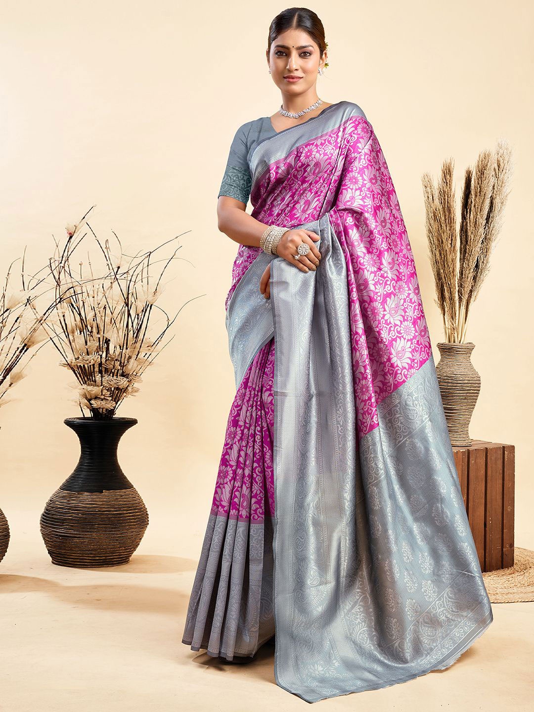 

KALINI Woven Design Zari Paithani Saree, Magenta