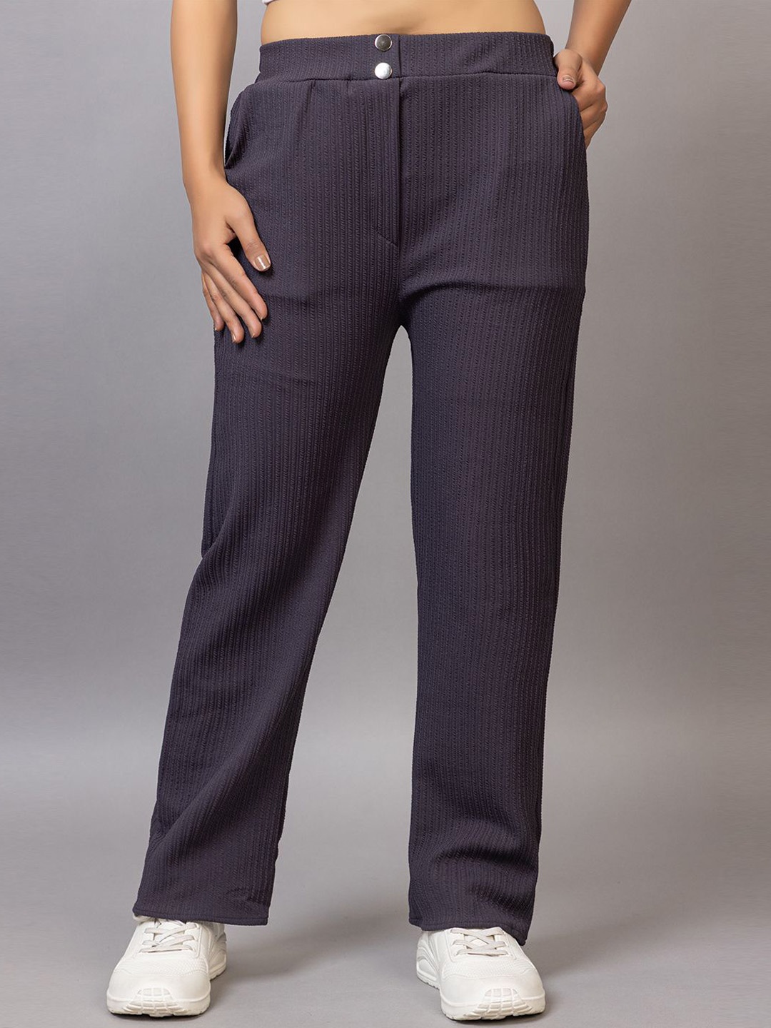 

PROBASIC Women Striped Regular Fit Trousers, Grey