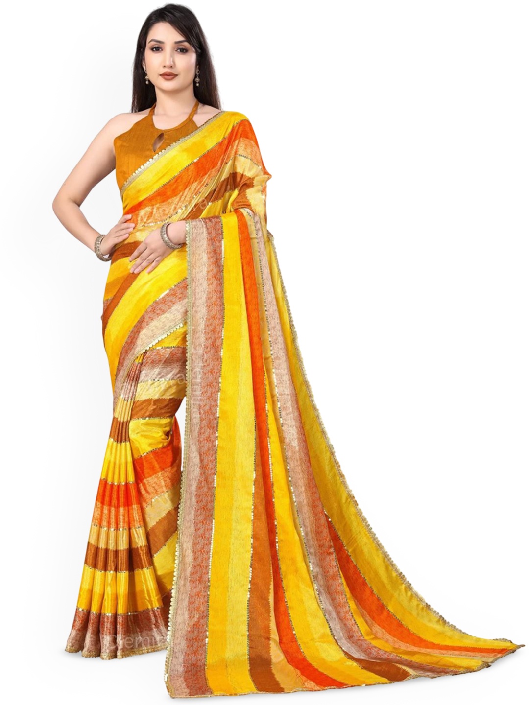 

THE52 Striped Mukaish Chinon Silk Saree, Yellow