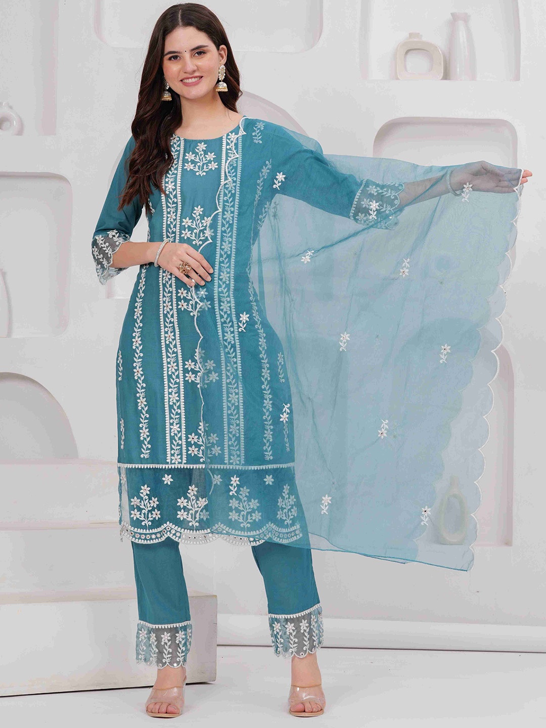 

ALEXEY JAY Floral Embroidered Thread Pure Cotton Straight Kurta With Trousers & Dupatta, Teal