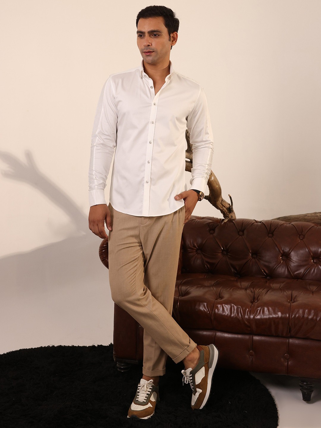 

ABKASA Men Classic Slim Fit Spread Collar Solid Cotton Casual Shirt, White
