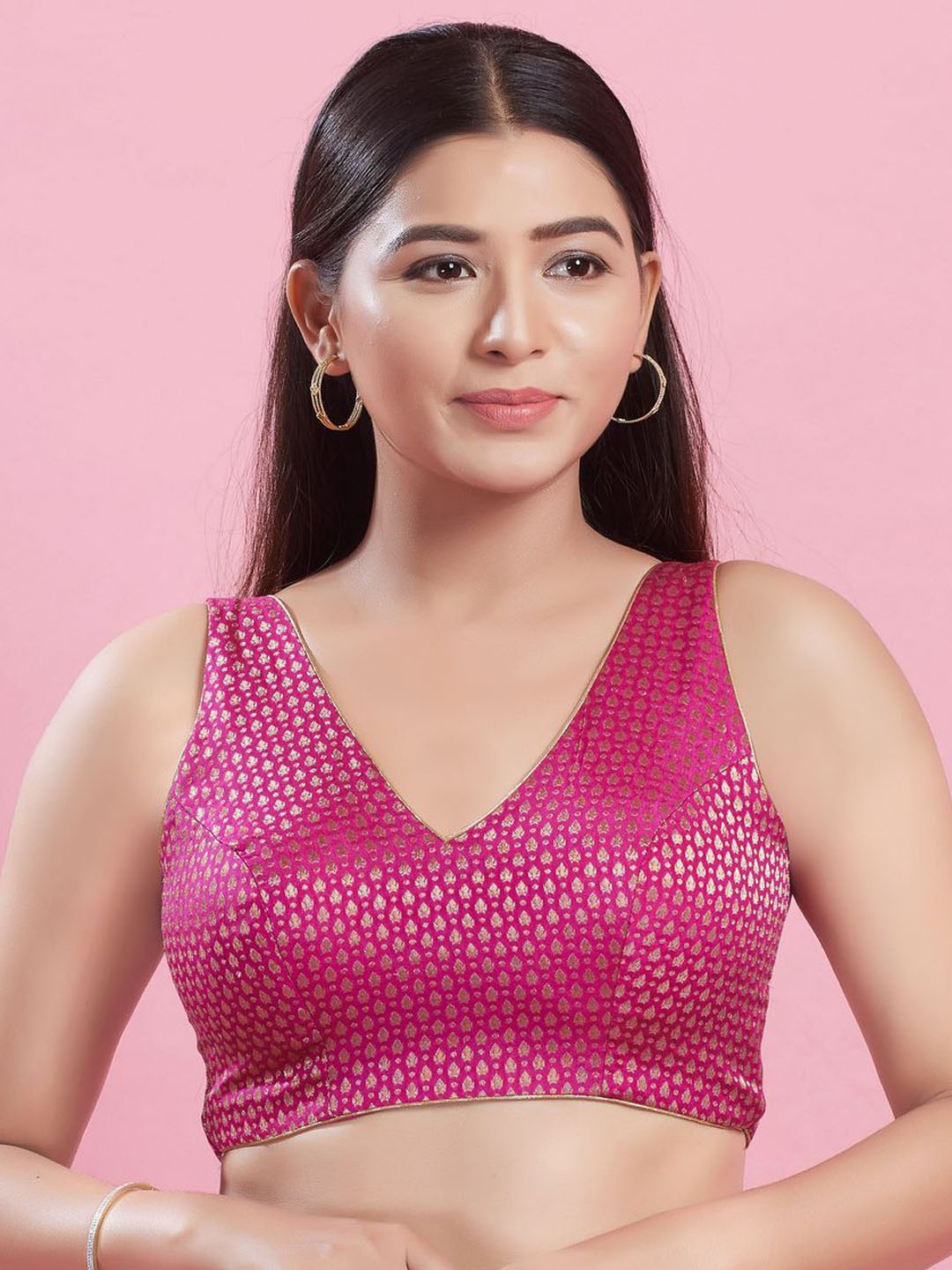 

VAMAS - THE DESIGNER BLOUSES Women V-Neck Padded Saree Blouse, Pink