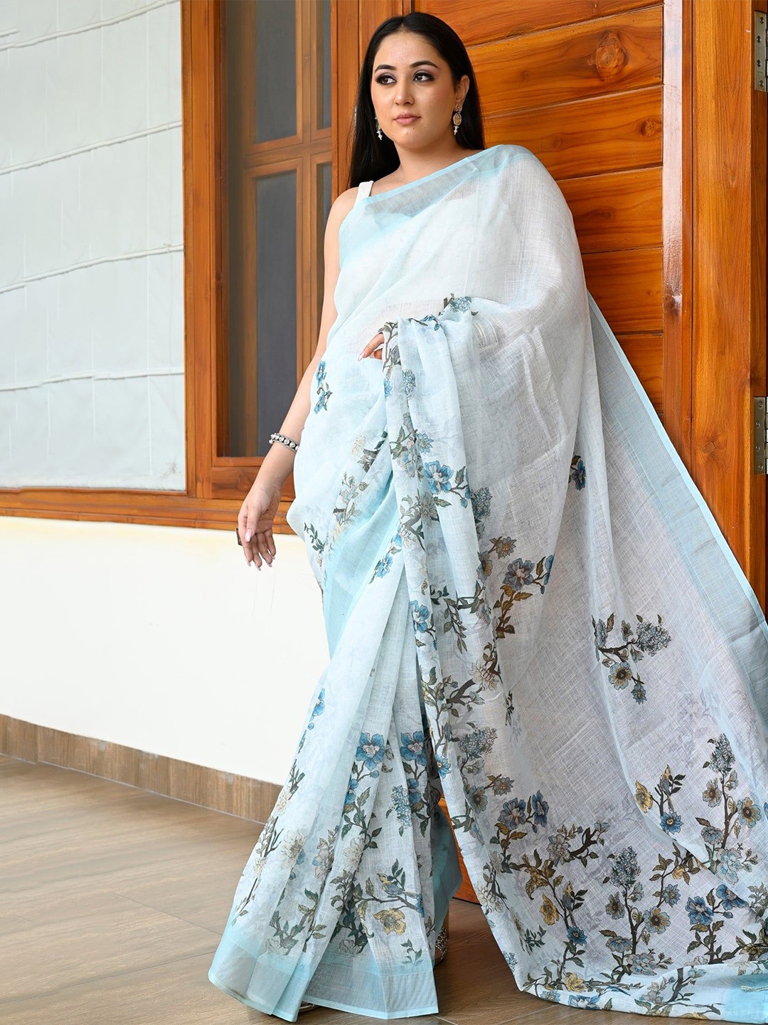 

Nimidiya Floral Printed Pure Cotton Saree, Blue