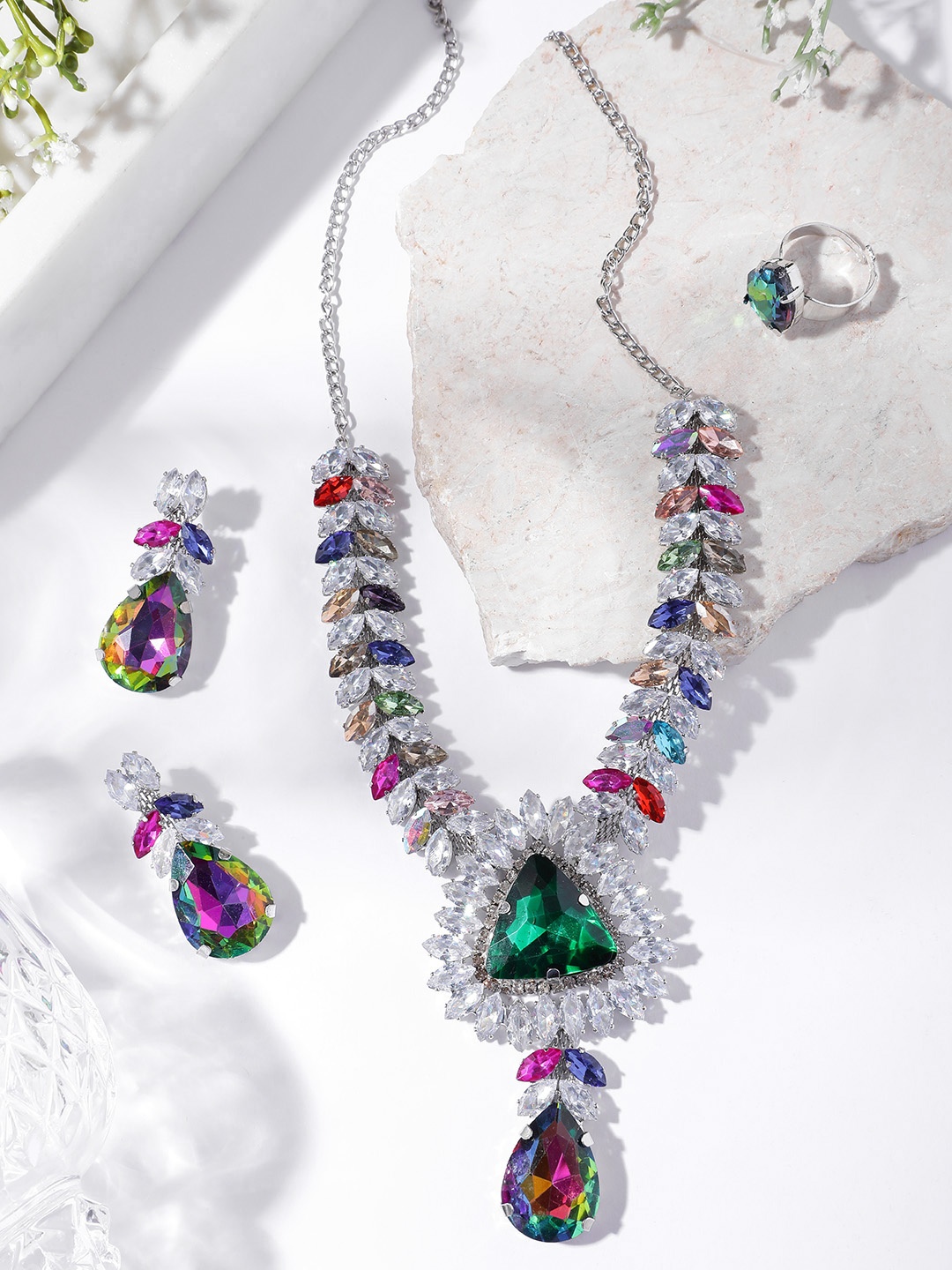 

MANSIYAORANGE Rhodium Plated Silver Crystal AD Gemstone-Studded Jewelry Set