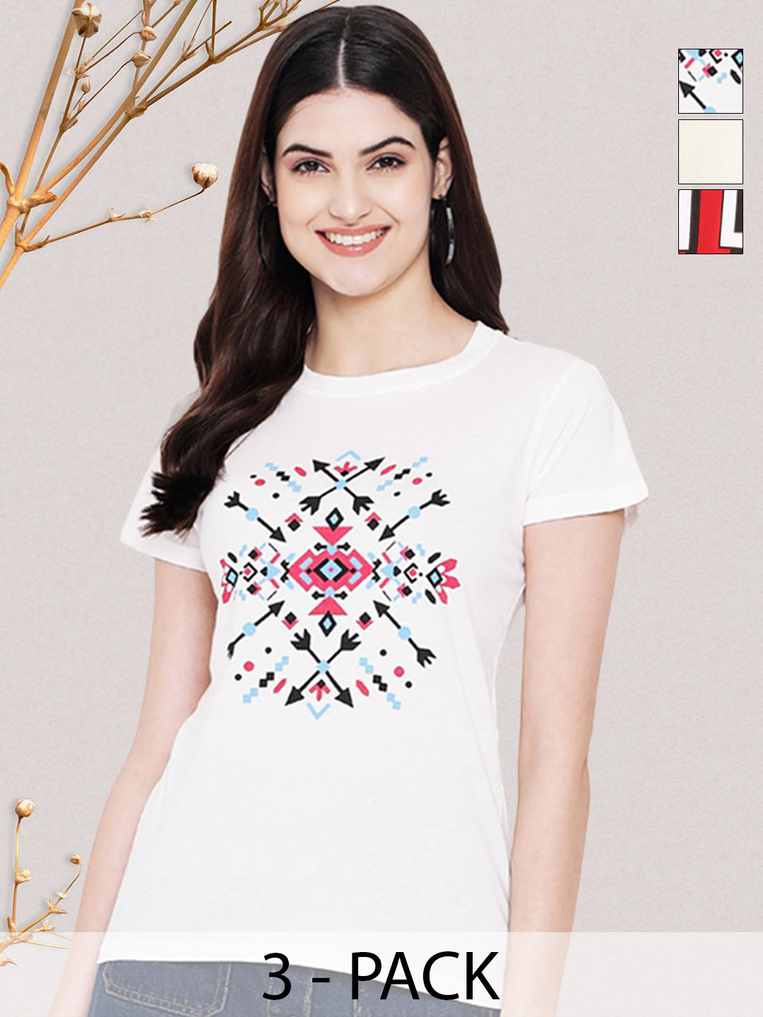 

GLOBAL NOMAD Women Pack of 3 Typography Printed Round Neck Cotton T-shirts, White