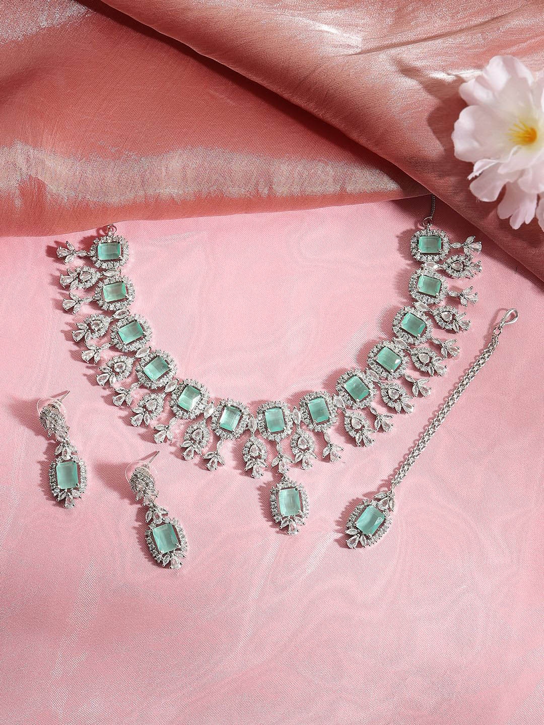 

justpeachy Rhodium-Plated American Diamond Studded Jewellery Set, Silver
