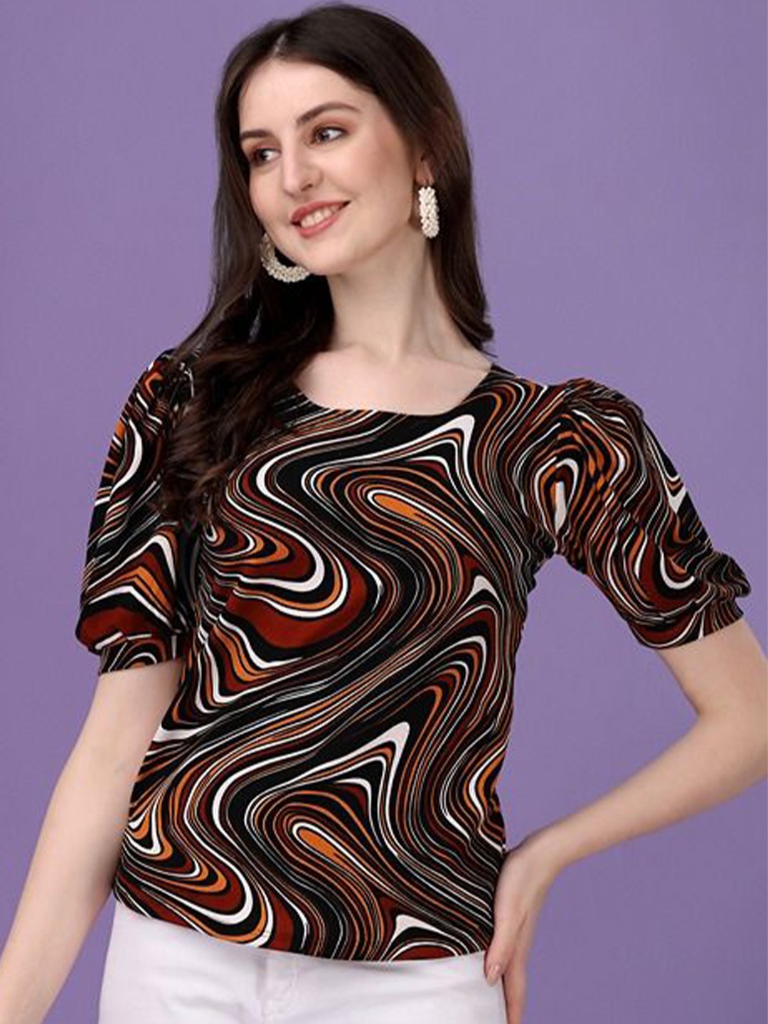 

De La Moda Puff Sleeve Crepe Top, Multi