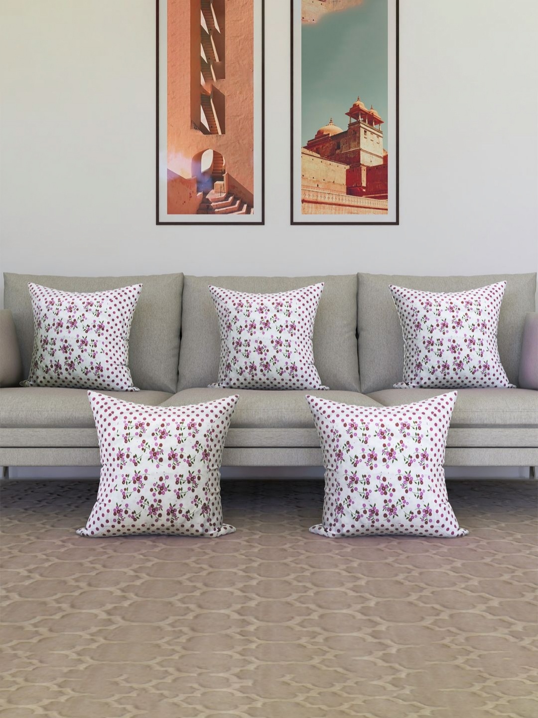 

Aura White & Pink 5 Pieces Floral Printed Cotton Cushion Covers