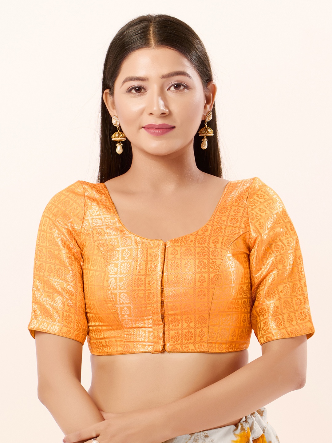 

VAMAS - THE DESIGNER BLOUSES Women Round Neck Padded Saree Blouse, Yellow