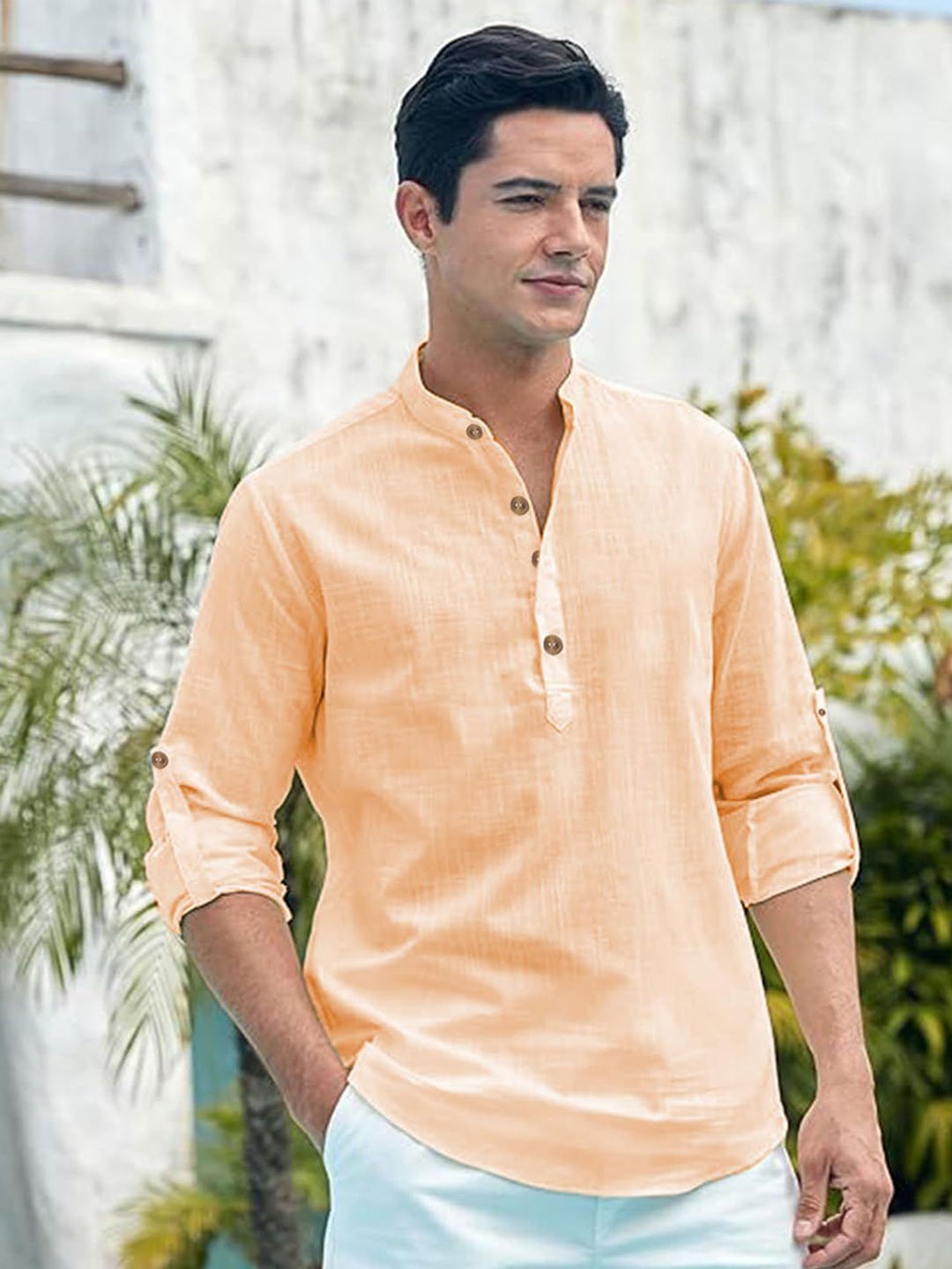 

EdinWolf Men India Slim Fit Mandarin Collar Solid Cotton Casual Shirt, Orange
