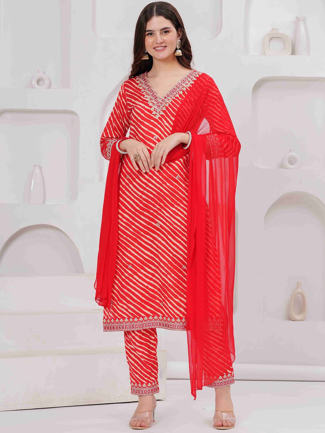 

ALEXEY JAY Leheriya Printed Thread Work Pure Cotton Straight Kurta With Trousers & Dupatta, Red
