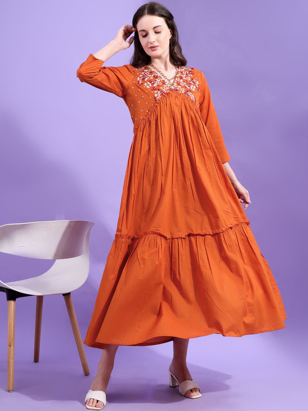 

Tikhi Imli Floral Embroidered Cotton Empire Midi Dress, Orange