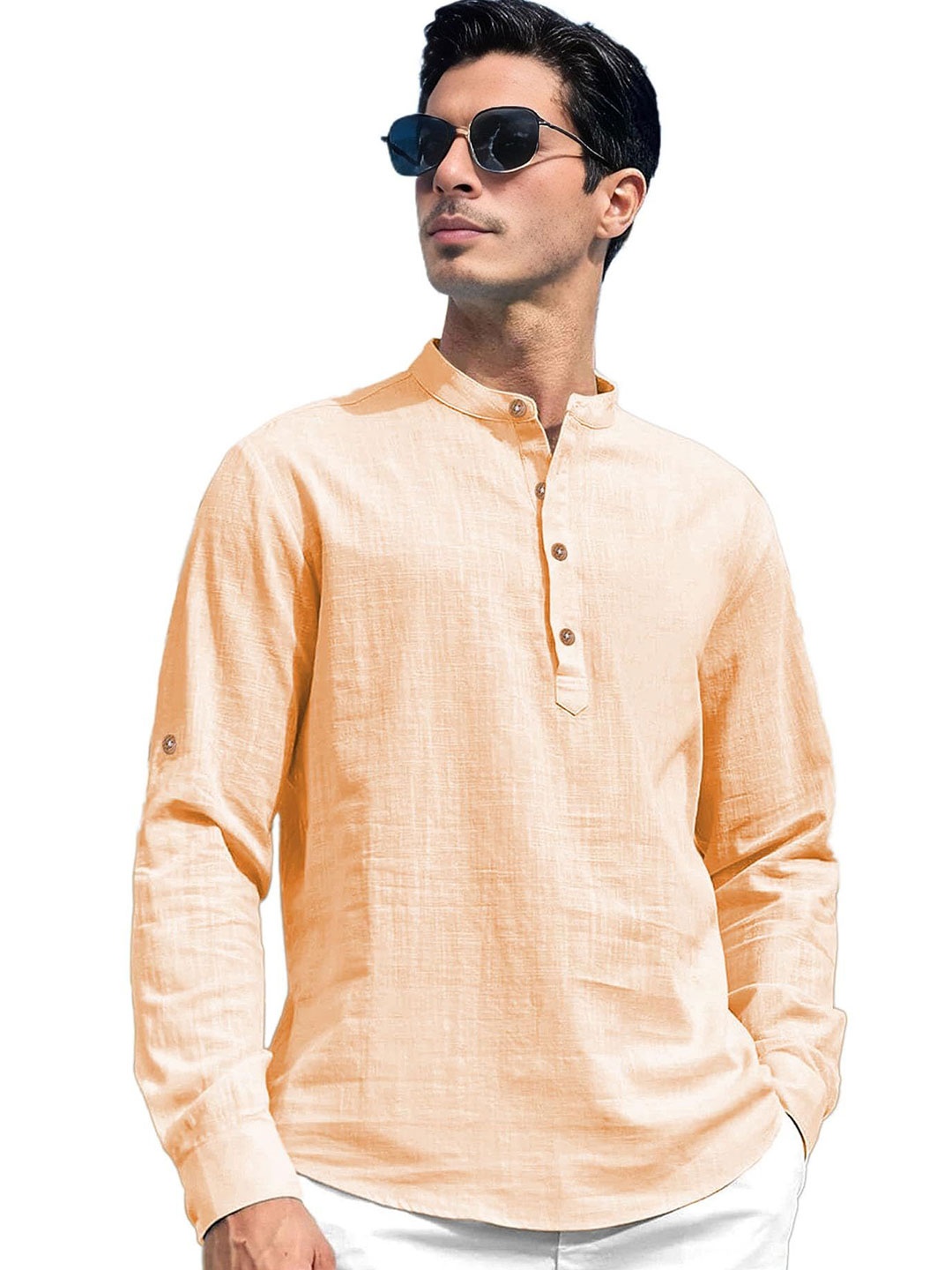 

EdinWolf Men India Slim Fit Band Collar Solid Cotton Casual Shirt, Orange