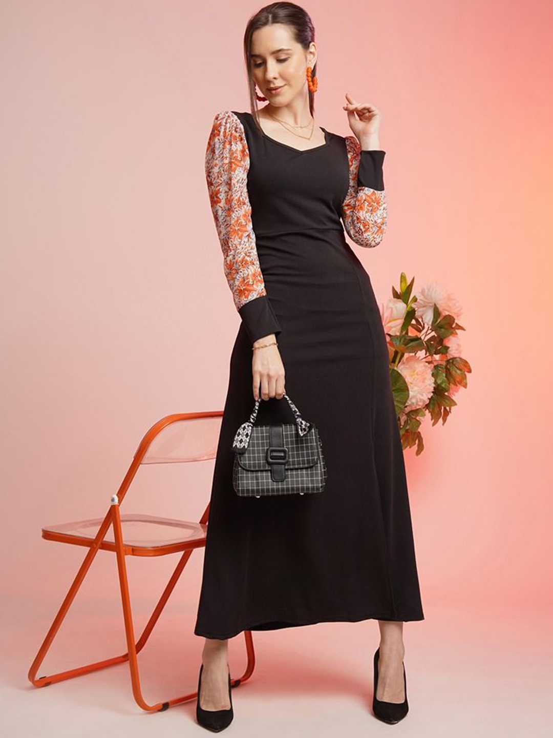 

De La Moda Women Puff Sleeve Fit & Flare Maxi Dress, Black