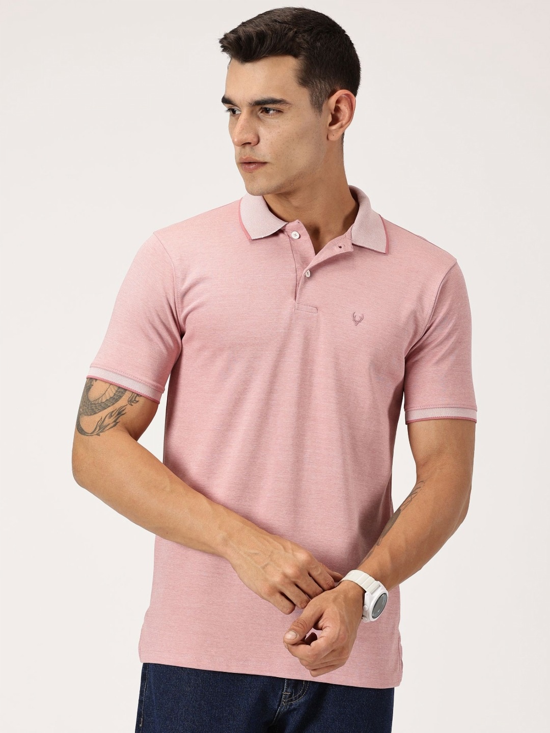 

RAVINIK Men Solid Polo Collar Cotton T-shirt, Pink
