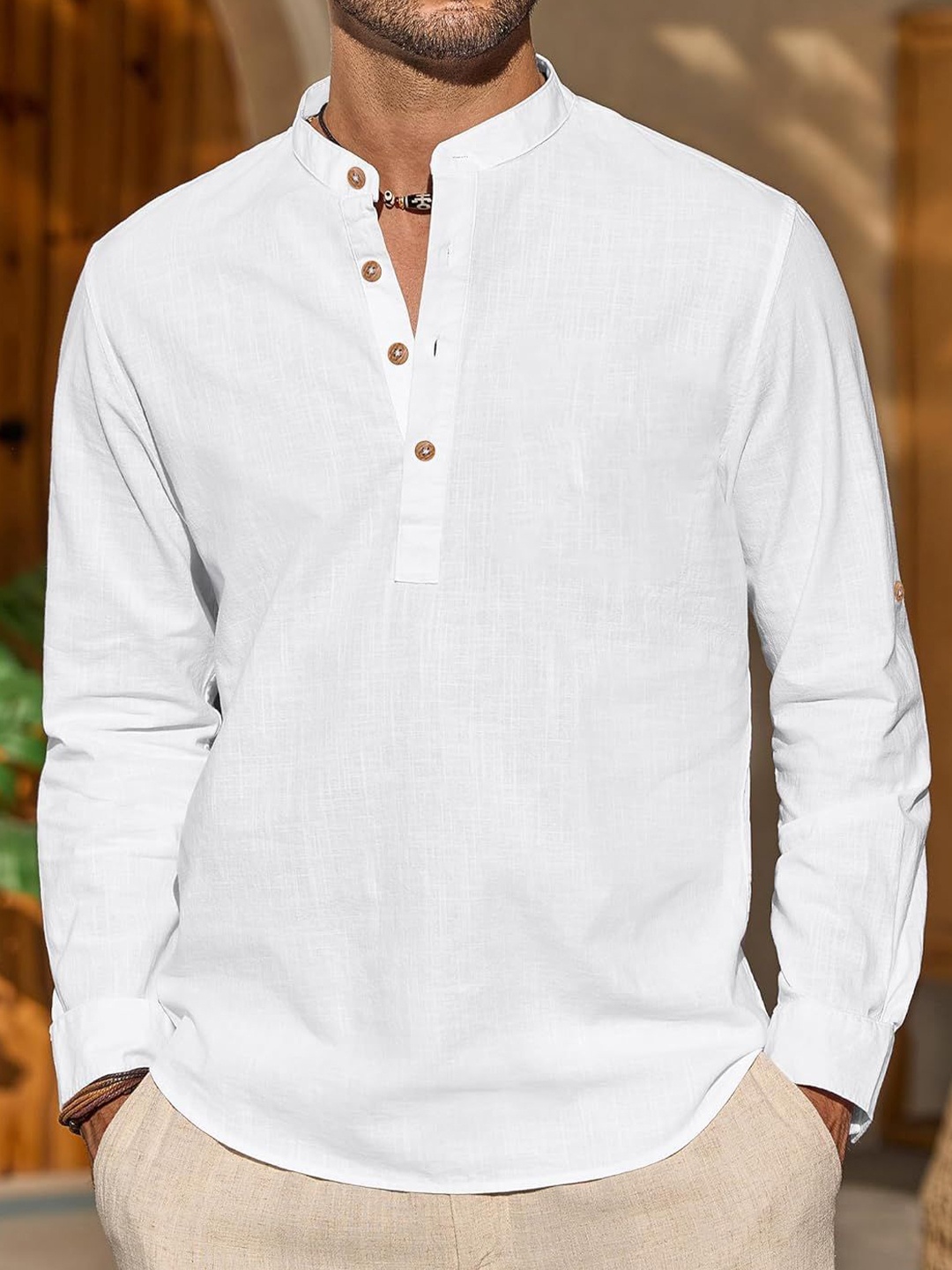 

EdinWolf Men India Slim Fit Band Collar Solid Cotton Casual Shirt, White