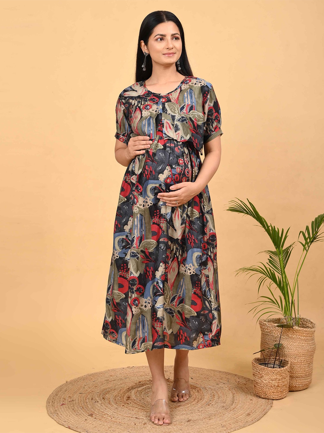 

Goldstroms Women Floral Print Round Neck Maternity Fit and Flare Dress, Multi