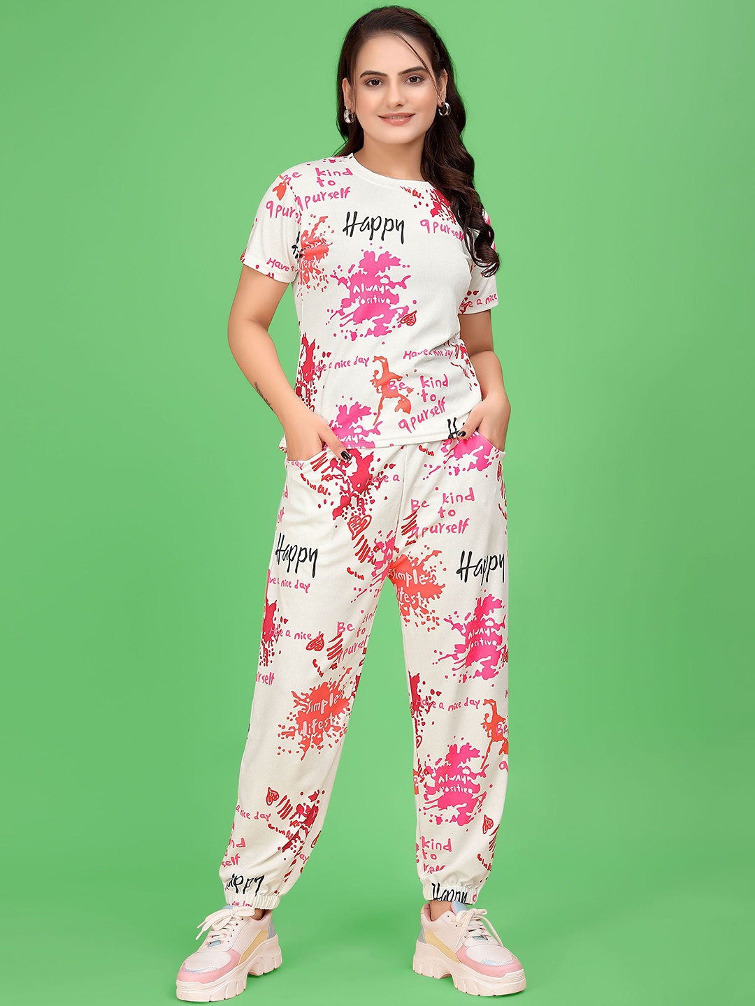 

SAKARMAA Women Printed T-Shirt & Joggers Tracksuits, White
