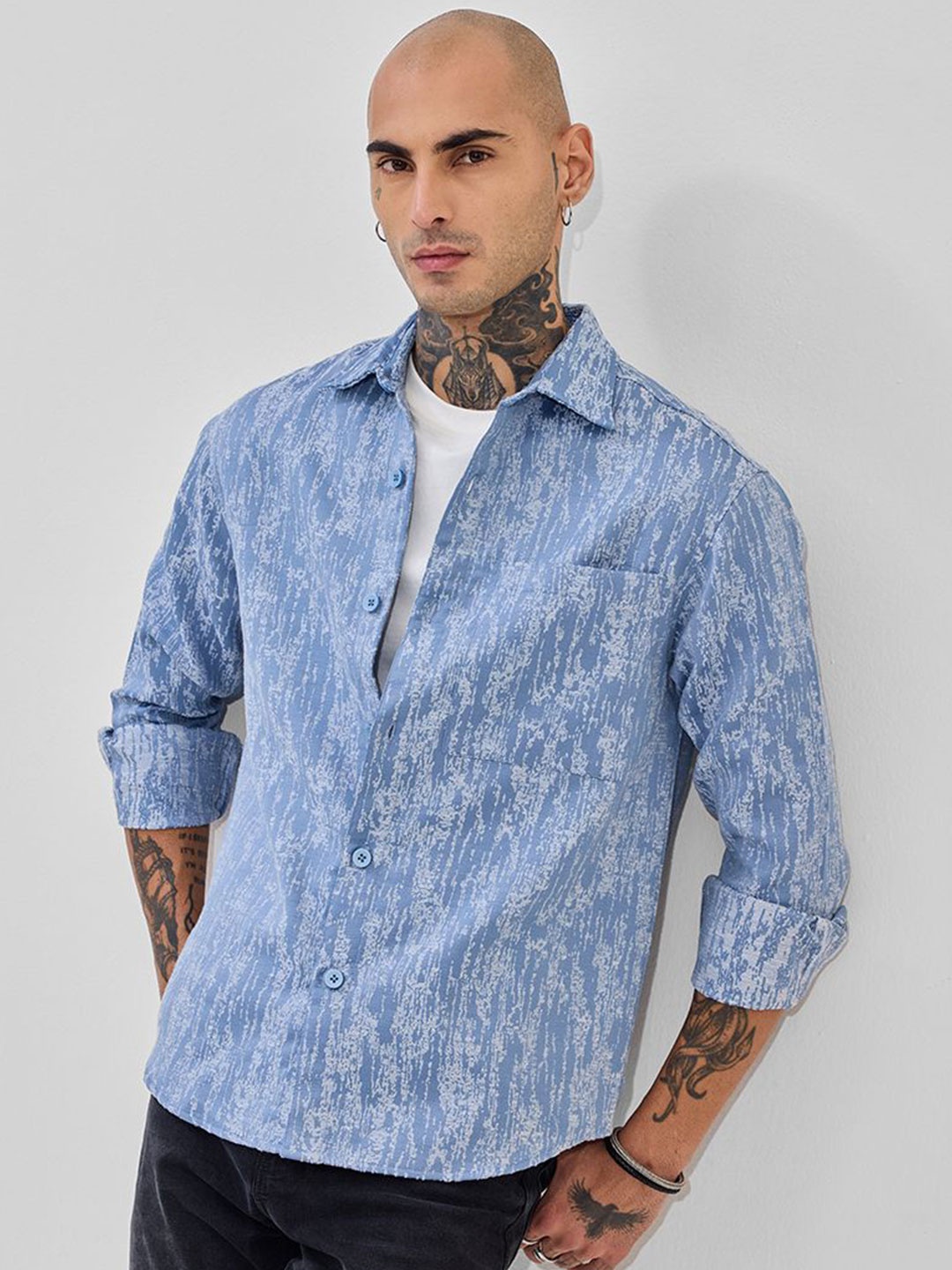 

Snitch Men Relaxed Fit Spread Collar Textured Casual Shirt, Blue