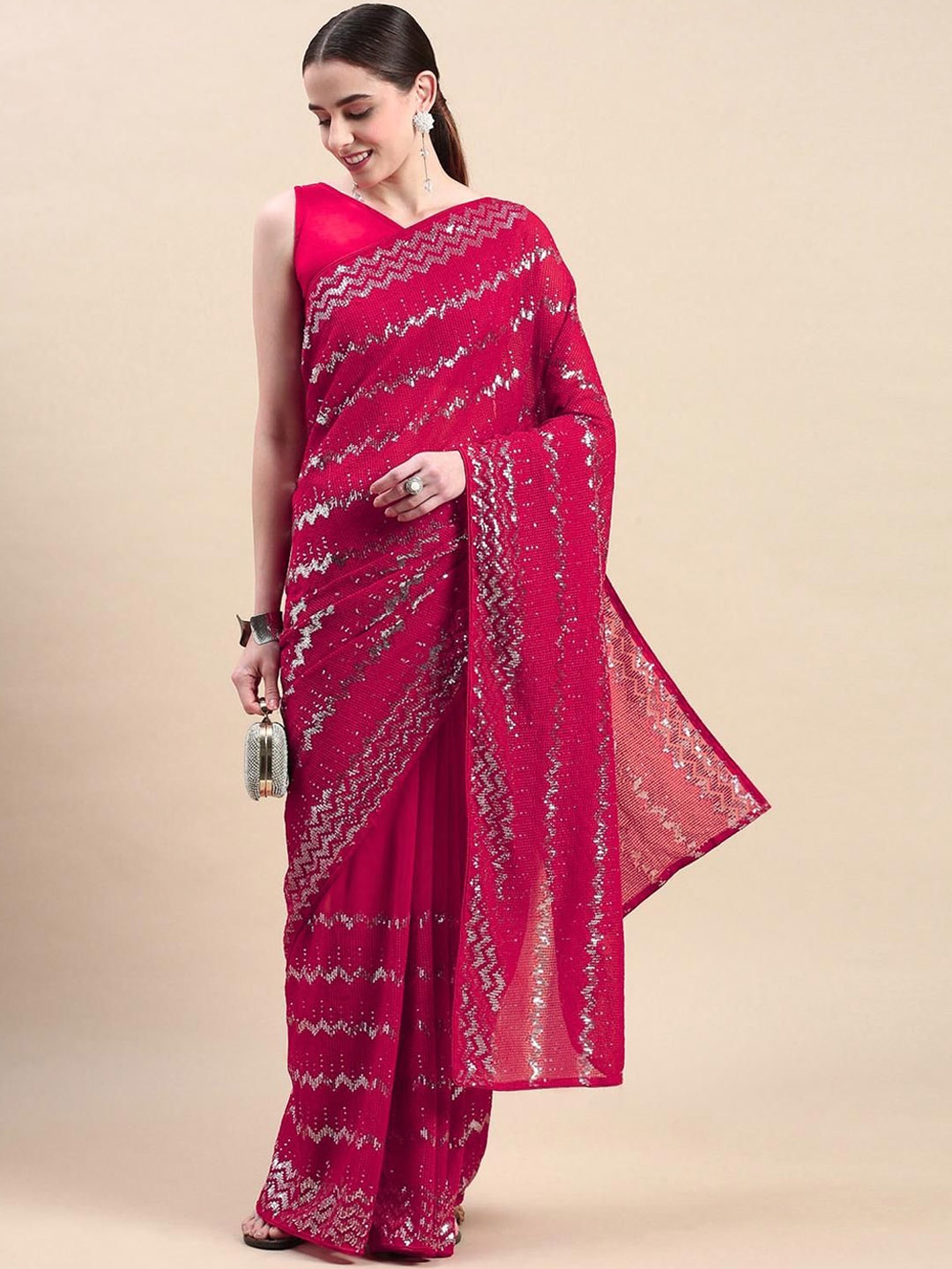 

THE52 Embellished Sequinned Pure Georgette Saree, Pink