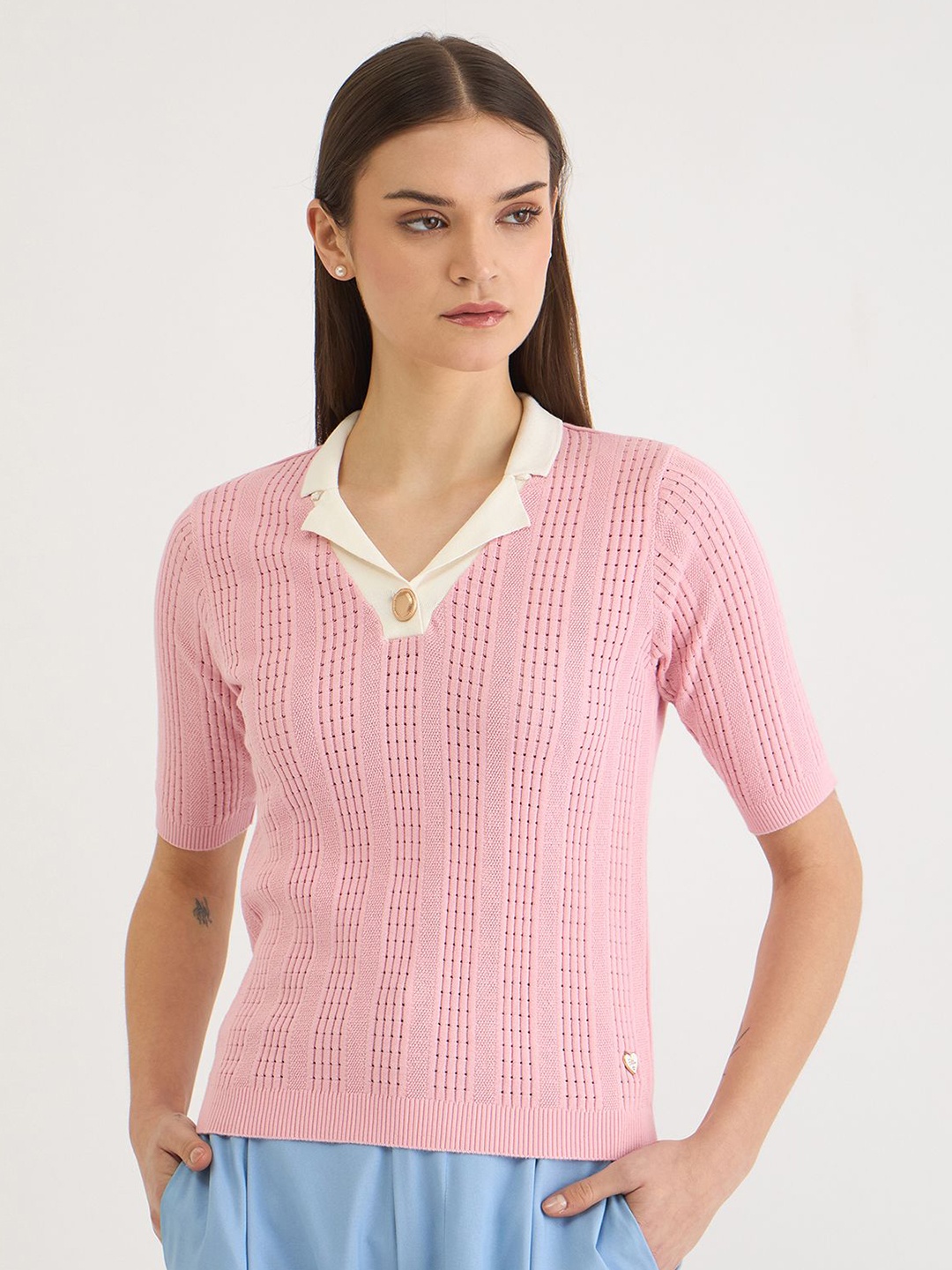 

ELLE Women Self Design Polo Collar Relaxed Fit T-shirt, Pink