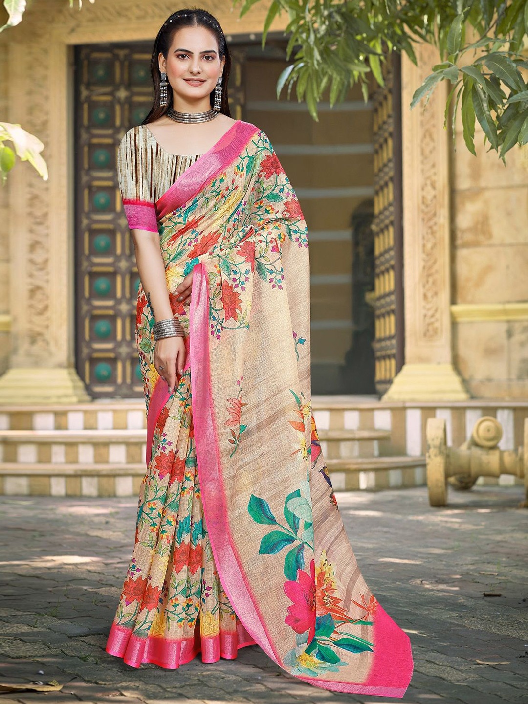 

Nimidiya Floral Printed Zari Pure Cotton Saree, Beige