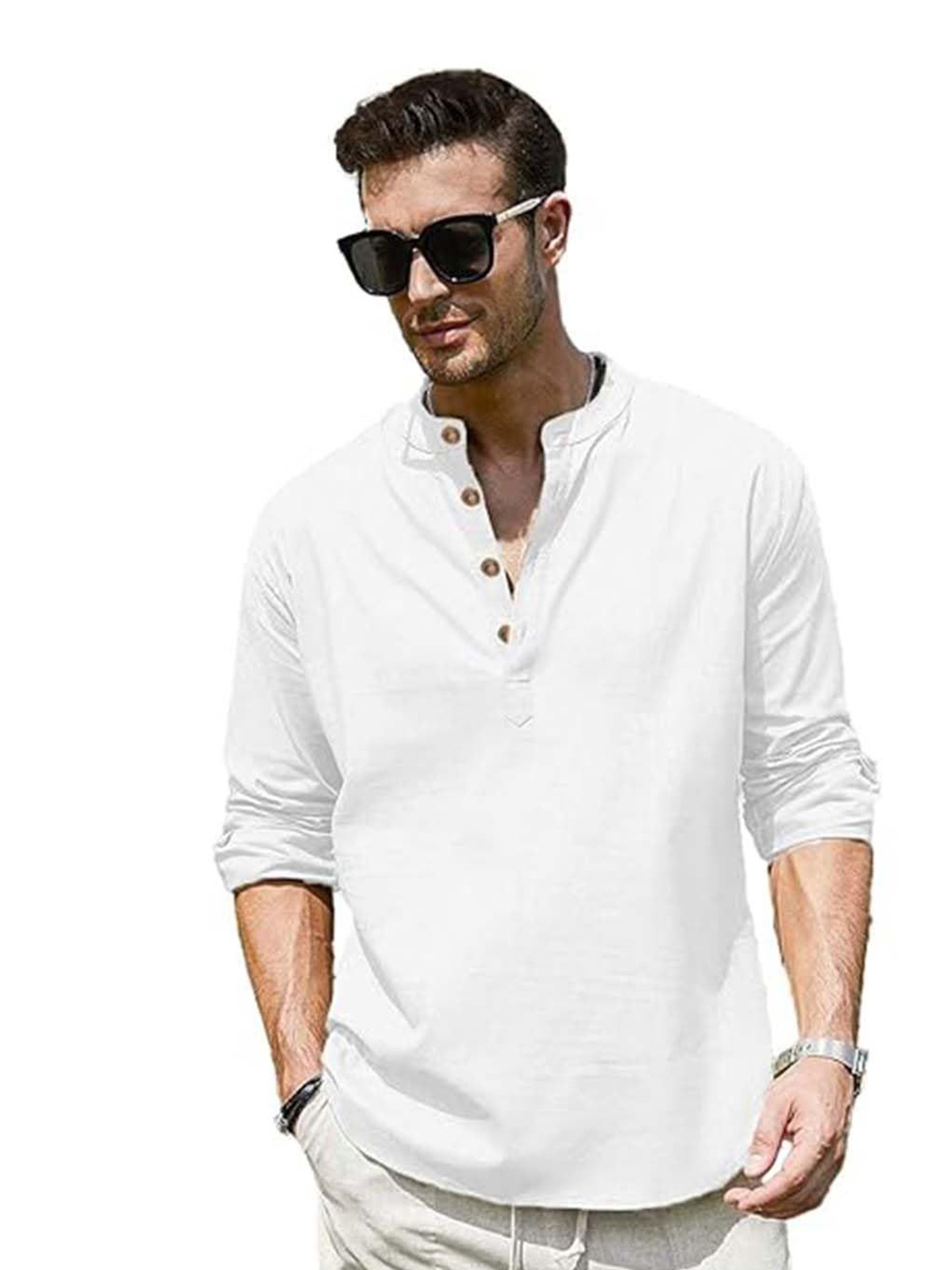 

EdinWolf Men India Slim Fit Band Collar Solid Cotton Casual Shirt, White
