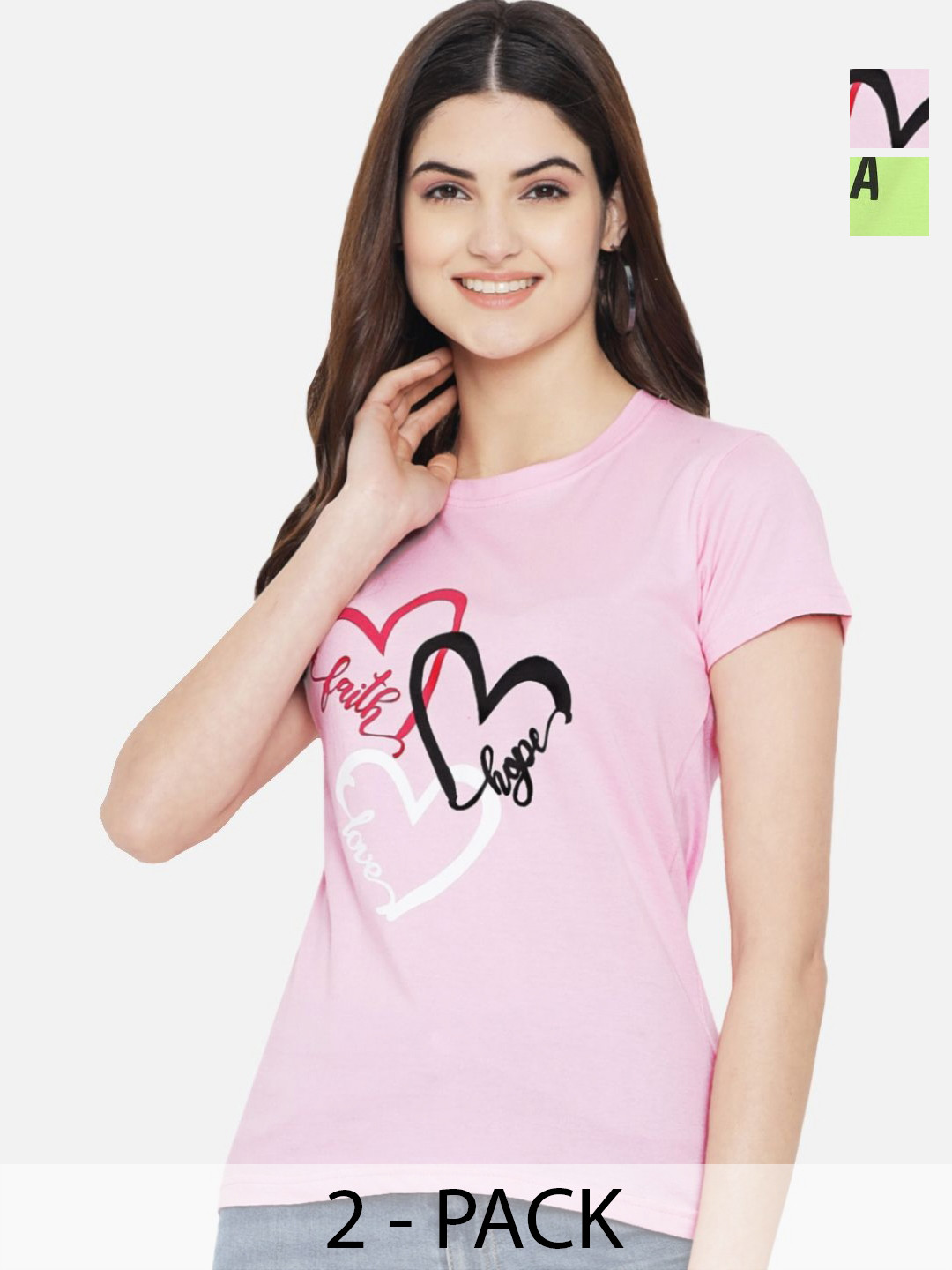 

Tromko Women Pack of 2 Typography Printed Round Neck Cotton Regular Fit T-shirts, Pink