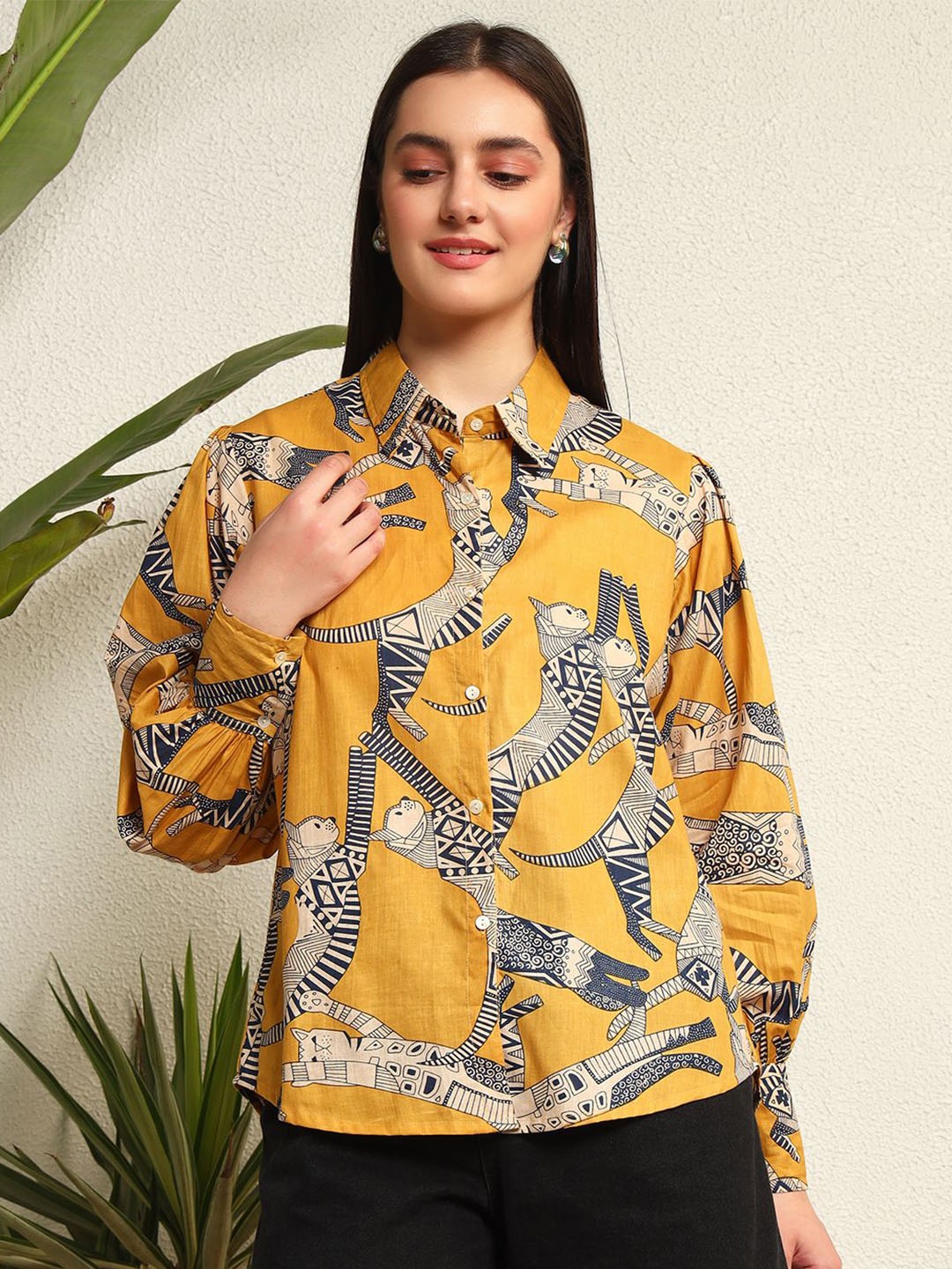 

HANDICRAFT PALACE Women Comfort Oversized Fit Graphic Printed Cotton Casual Shirt, Yellow