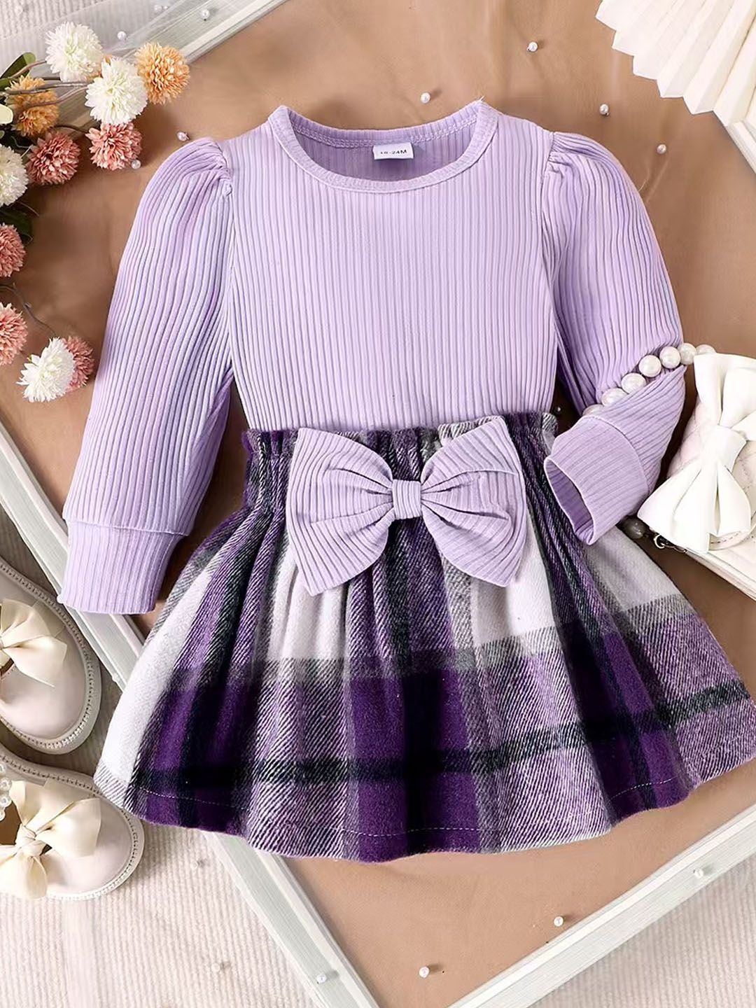 

Xsole Girls Striped Fit & Flare Dress, Purple