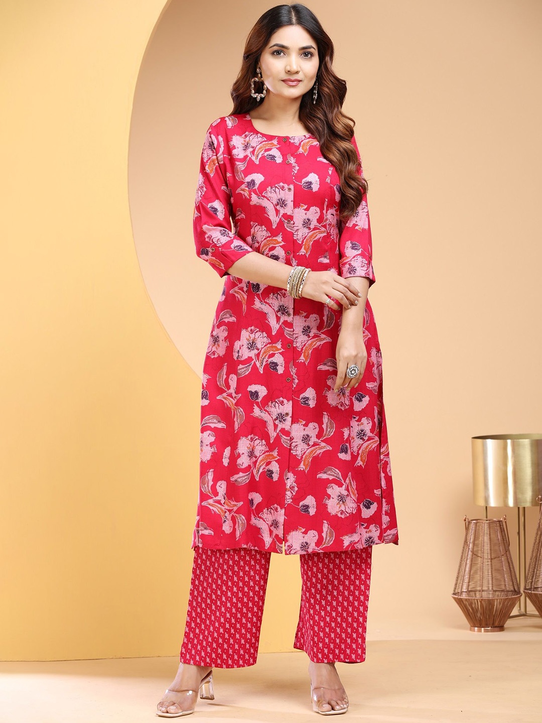 

COTTON CULTURE Floral Printed Round Neck Kurta With Palazzos, Pink