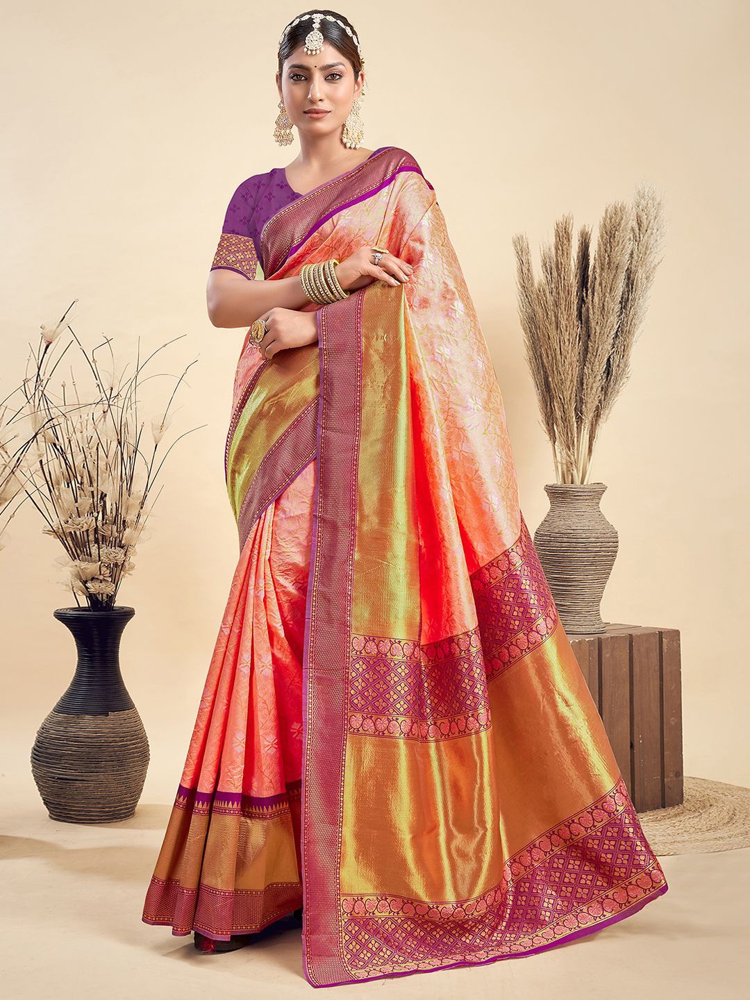 

KALINI Woven Design Zari Designer Paithani Saree, Orange