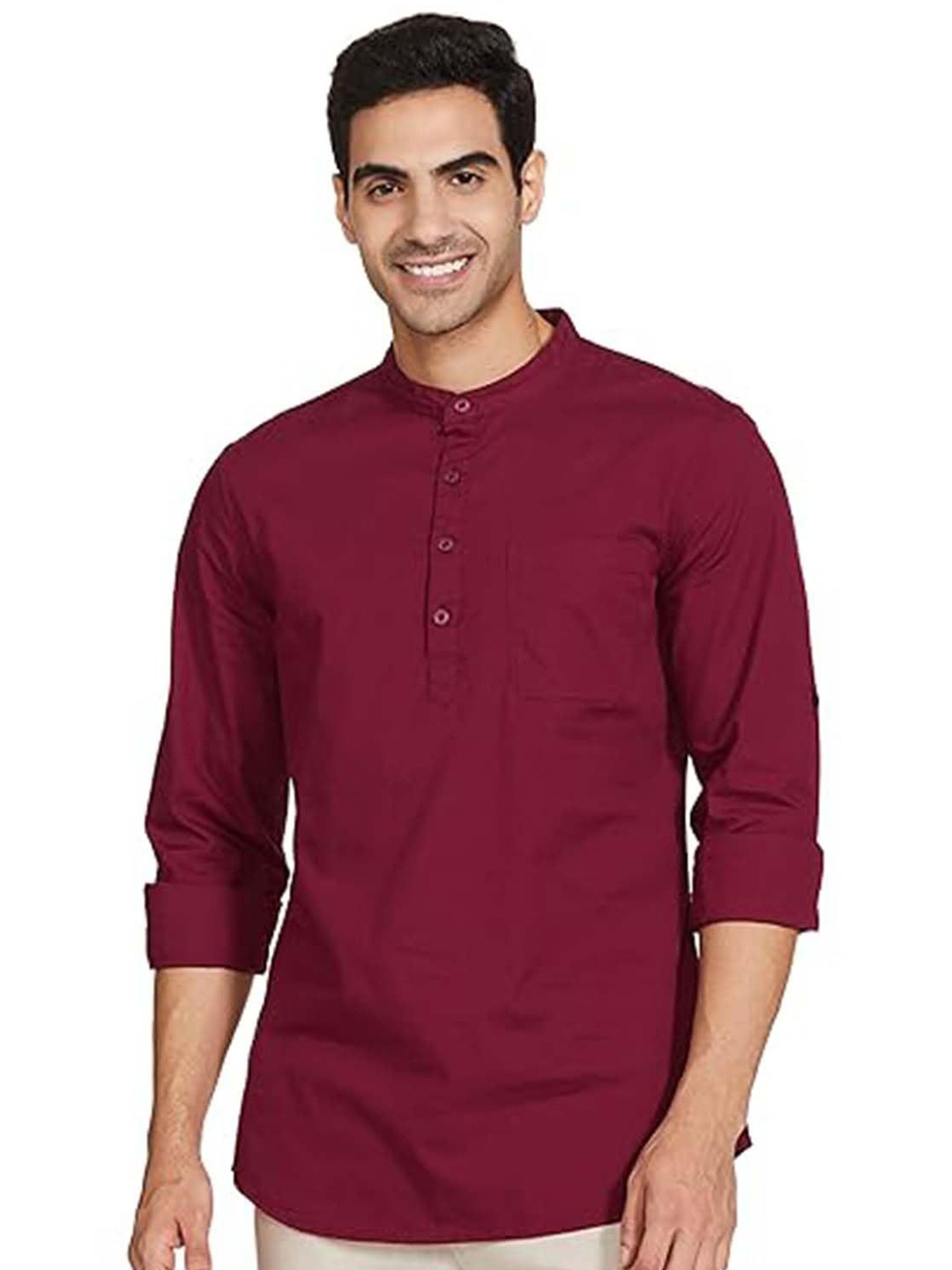 

EdinWolf Men India Slim Fit Band Collar Solid Cotton Casual Shirt, Burgundy