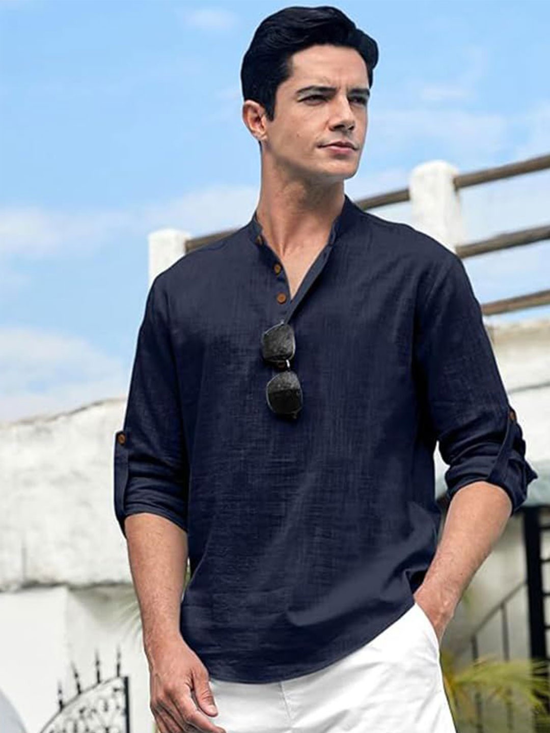 

EdinWolf Men India Slim Fit Band Collar Solid Cotton Casual Shirt, Navy blue