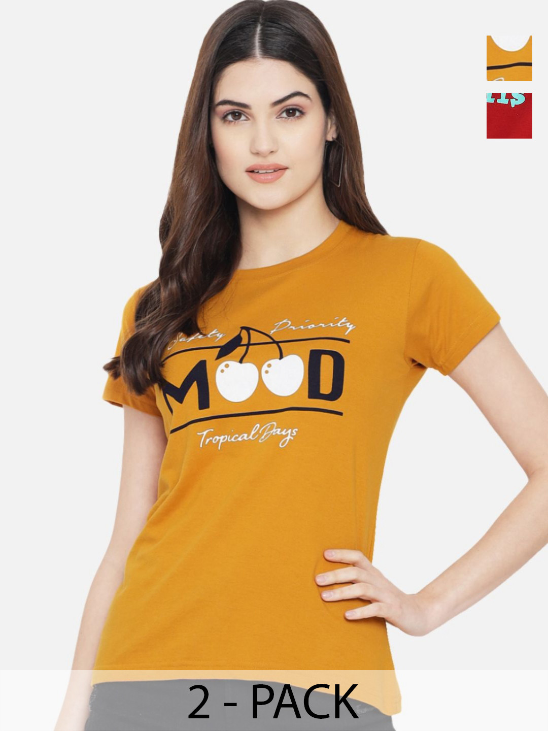 

Tromko Women Pack of 2 Typography Printed Round Neck Cotton Regular Fit T-shirts, Mustard