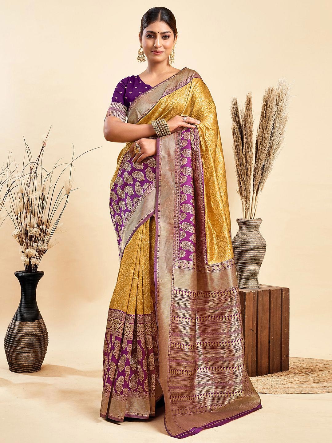 

KALINI Woven Design Kanjeevaram Saree, Yellow