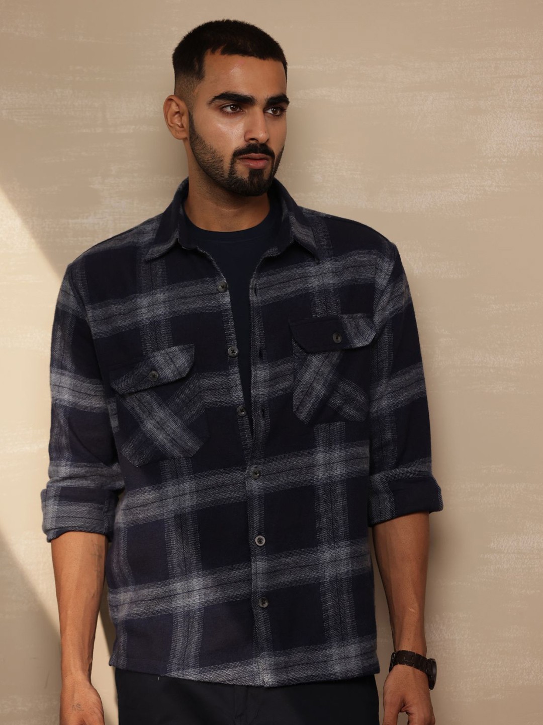 

Uncluttered Closet Men Relaxed Tartan Checked Oversized Casual Shirt, Navy blue