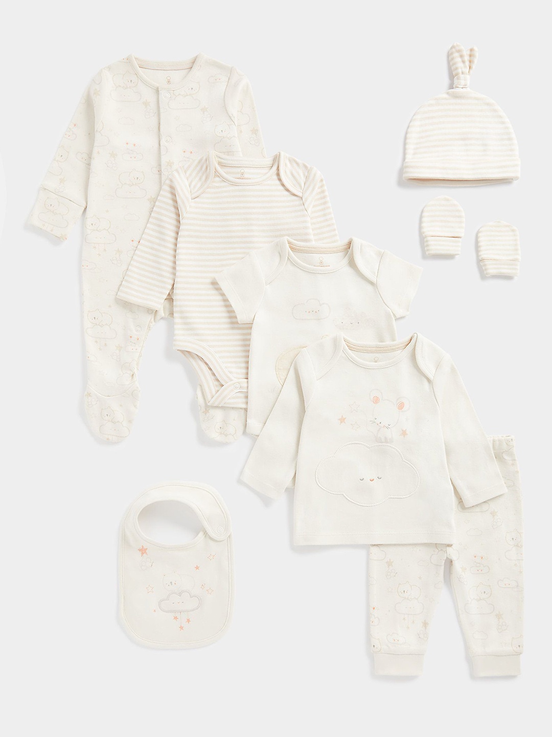 

mothercare Infant Girls 8-Pcs Printed Pure Cotton Baby Apparel Gift Set, White