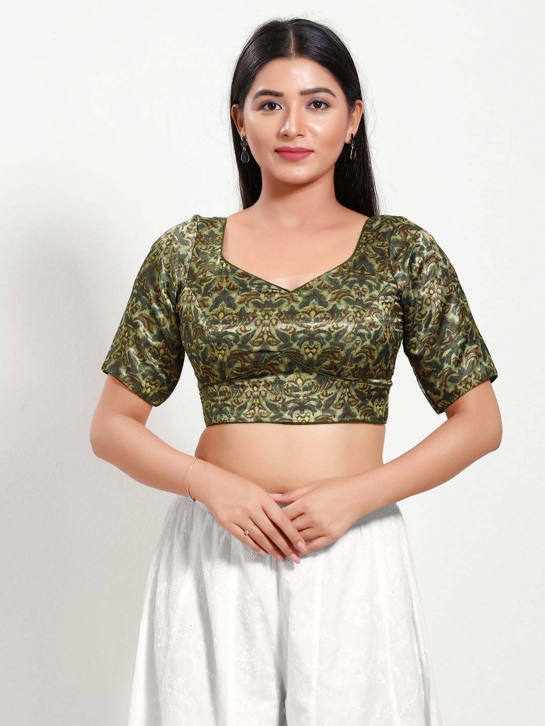 

VAMAS - THE DESIGNER BLOUSES Women Sweetheart Neck Padded Saree Blouse, Green