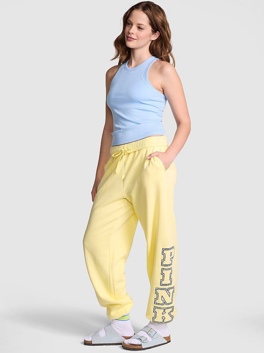 

Victoria's Secret PINK Ivy Women Brand Logo Printed Mid-Rise Joggers, Yellow