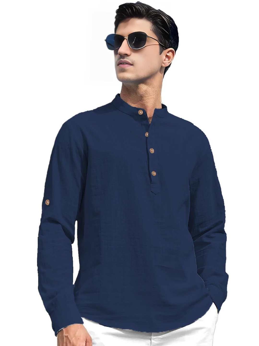 

EdinWolf Men India Slim Fit Mandarin Collar Solid Cotton Casual Shirt, Navy blue