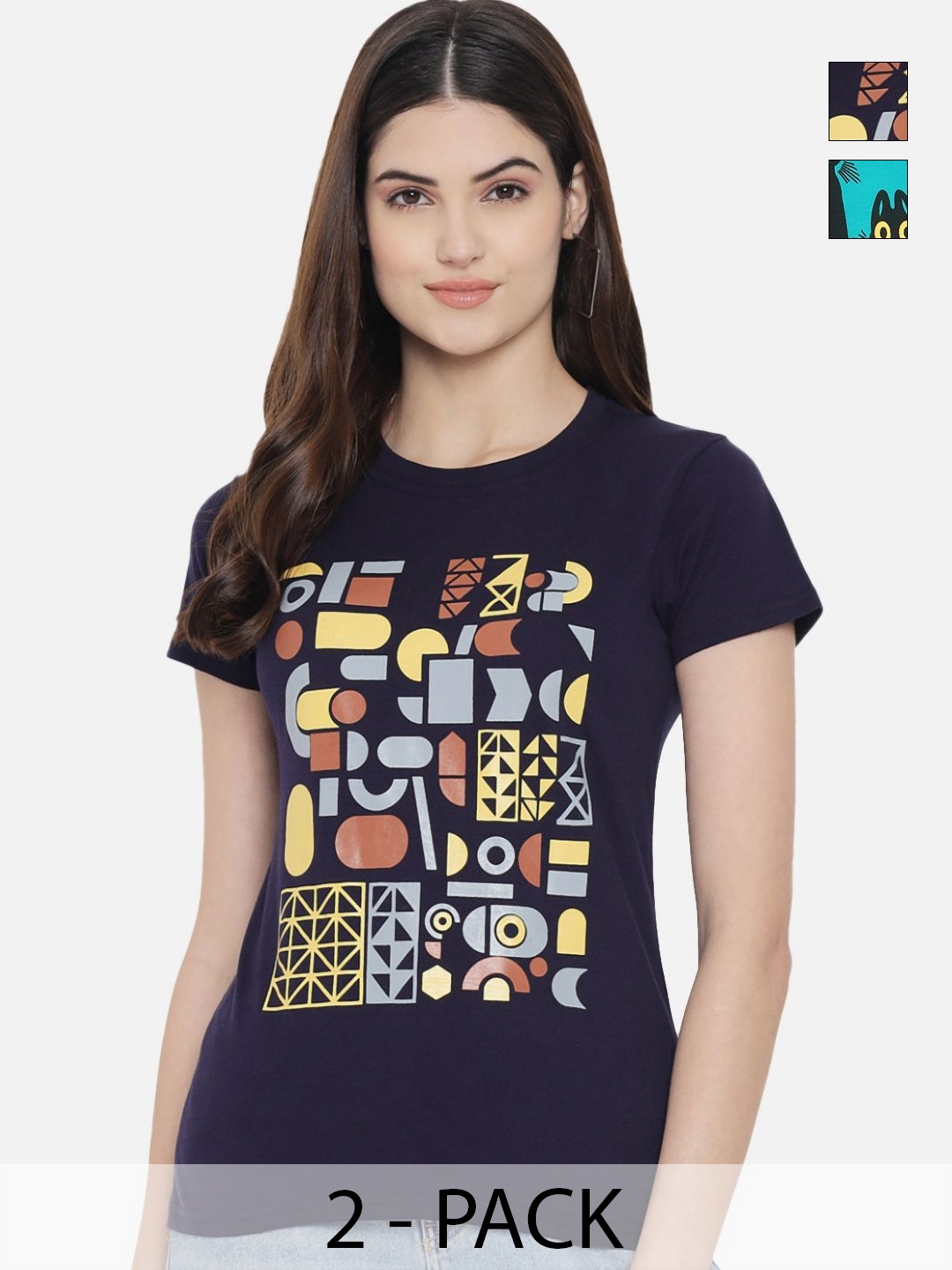 

Tromko Women Pack of 2 Geometric Printed Round Neck Cotton Regular Fit T-shirts, Navy blue